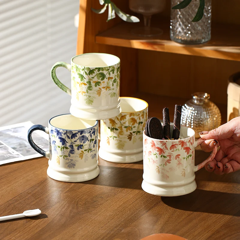 

Four Seasons Flowers High Color Value Ceramic Mug Ceramic Household Coffee Mug Couple Cup Drinking Cup 2025 New Household
