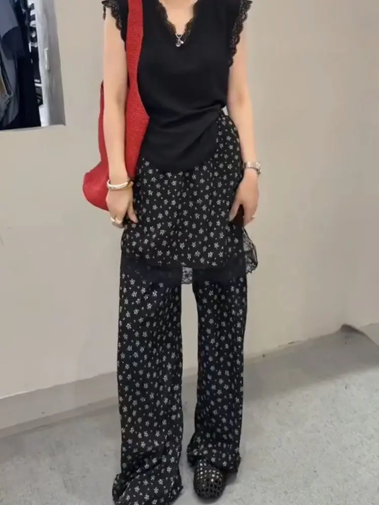 Korean Y2K Sweet Girls Vintage Floral Print Fake Two-Piece Wide-Leg Pants: Vintage Chic Layered Style Designer Trouser Harajuku