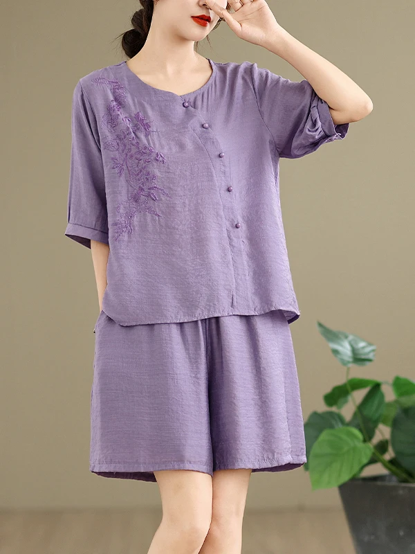 Conjunto de Roupas Fenas Plus Size de Verão Moda Solta com Bordado Top de Decote em V orts Casuais Conjunto de Duas Peç...
