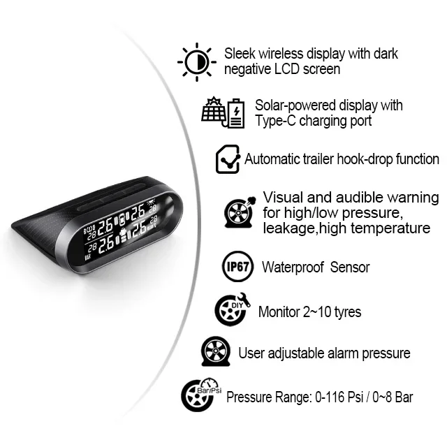 Wireless Solar Charged TPMS 4 Tires Pressure Tire Pressure Digital Monitoring Sensor With Internal Sensor