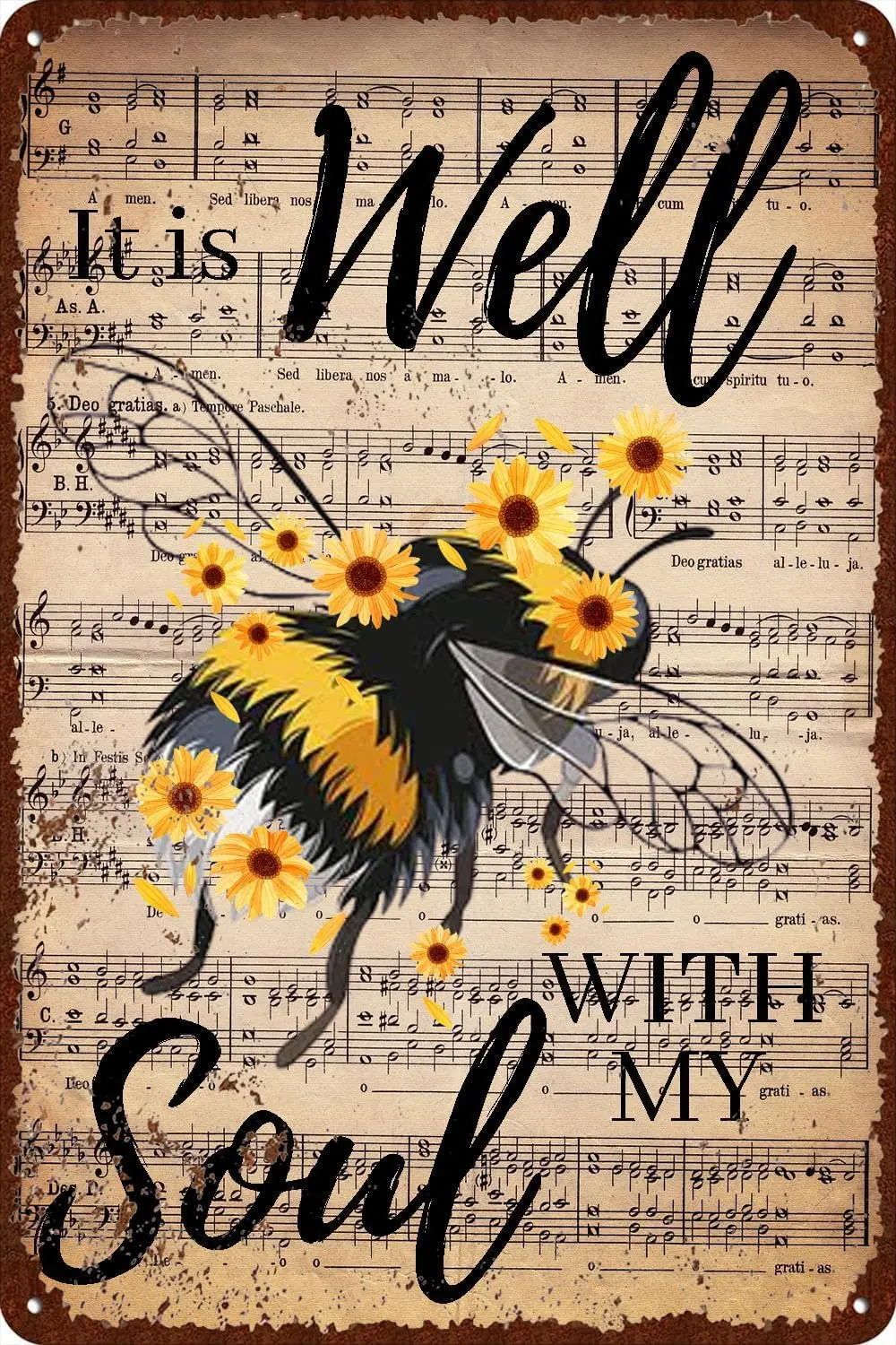 Bee Sunflower Sheet Music Tin Sign It Is Well With My Soul Poster Vintage Metal Plaque Wall Decor Gift For Bathroom Restaurant F