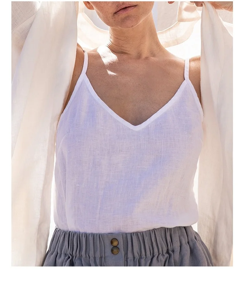 

2024 Women Spaghetti Strap Solid Color Vest T-Shirts Summer New Linen Vintage Loose All Match Simple Indie 5 Colors Female Tops
