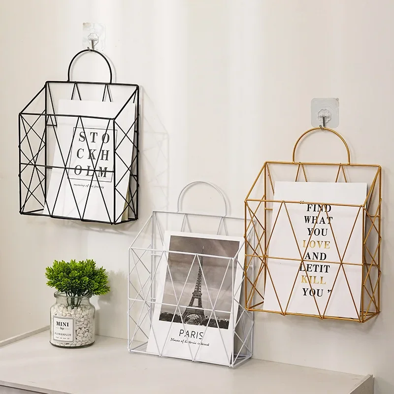 1PC Rack Net Desk Magazine Newspaper Organizer Holder Nordic Metal Storage Basket Fashion Wall Hanging Storage