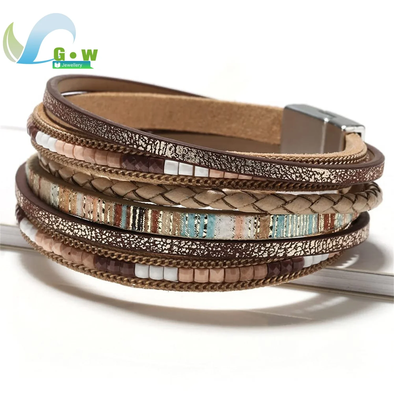 Hot Selling New Models Leather Wrap Bracelets for Women Multi-Layer Crystal Beads Magnetic Buckle Bracelet Trendy Jewelry Men