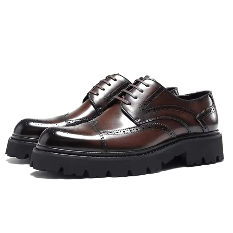New First-layer Cowhide Business Formal Derby Shoes For Men Anti-slip Thick soled 4cm Height-increasing Brogue Dress Shoes Man