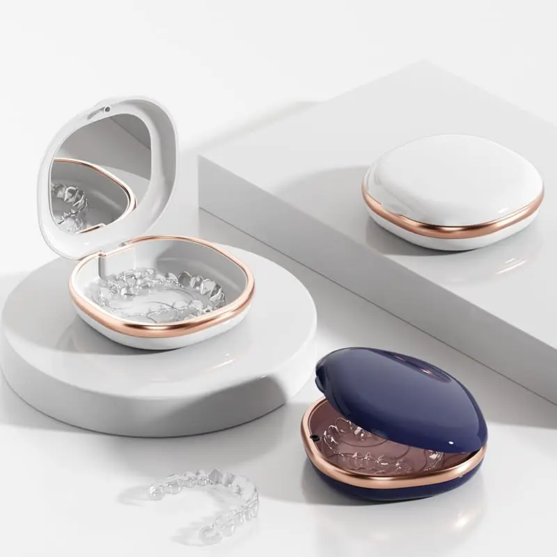 Denture Case with Mirror, Portable Retainer Case for Braces, Mouth Guards, Orthodontic Retainers, Compact, Stylish, and Travel