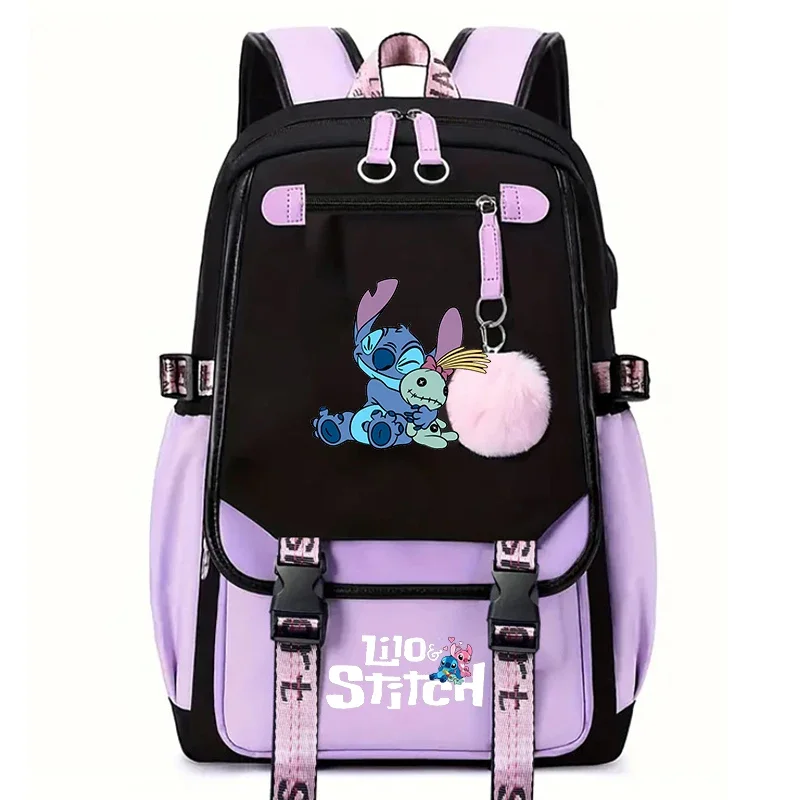 

Stitch & Angel Large Capacity Backpacks With USB Charge Port, Fashionable Cartoon Schoolbag, Girl Casual Travel Commute Knapsack