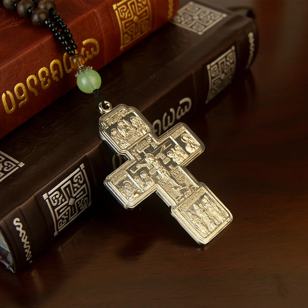 HTISOK Orthodoxe Halskette mit Holzperlenkette, Kruzifix, Goldener Holzrosenkranz, Perlenkette, religiöser Jesus-Gebetsschmuck – Detail 10