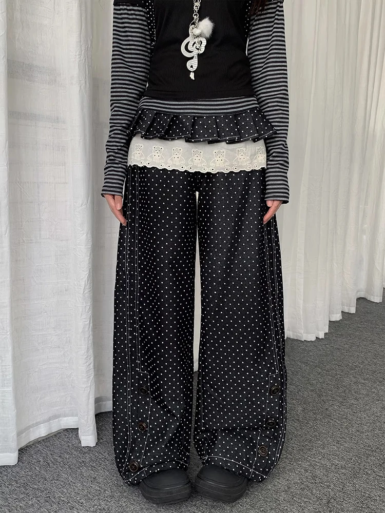REDDACHiC Grunge Black Denim Wrap Pants Women Korean Contrast Polka Dots Pleated Skirt Wide Leg Denim Trousers Y2K Streetwear