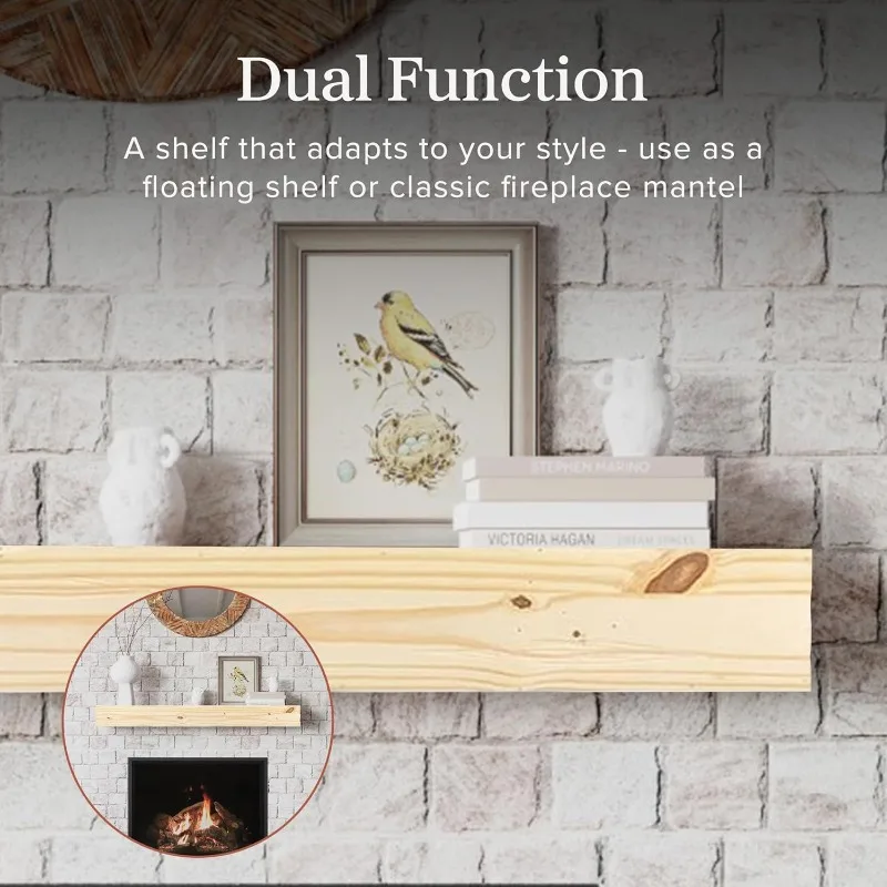 Floating Fireplace Wood Shelf, 72” Pine Box Construction Floating Shelf, Wood Wall Decor with Corbel Brackets, Rustic Decor