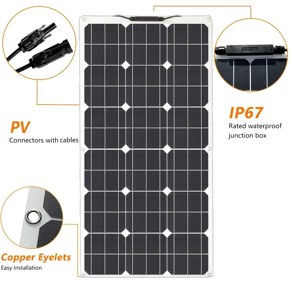 200w Solar Panel Kit Flexible 12v Battery Charger Controller 20A Photovoltaic Panel for Home Balcony Car RV Yacht Waterproof