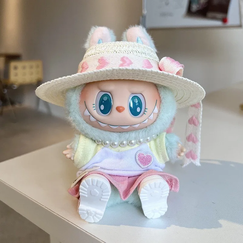

Labubu 1st 2nd 3rd Gen Sweet Vacation Outfit Straw Hat Pearl Heart Patterned Pastel Set For 15/17cm Dolls