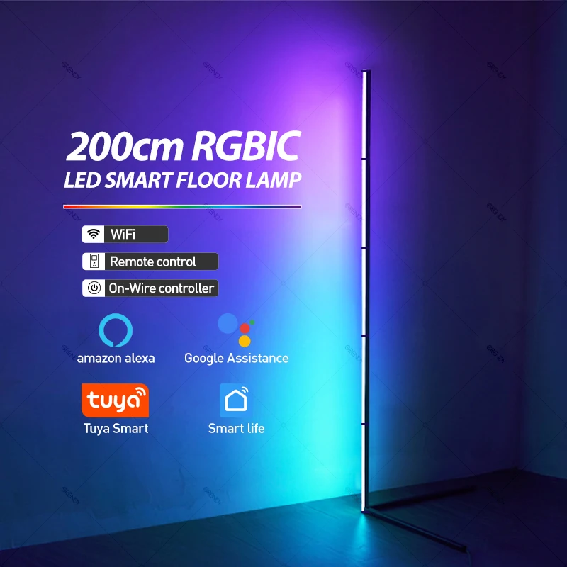 200 cm Tuya RGB-vloerlamp Smart APP Afstandsbediening Moderne hoekvloerlamp Sfeervolle LED-standaardverlichting Festivaldecoratie