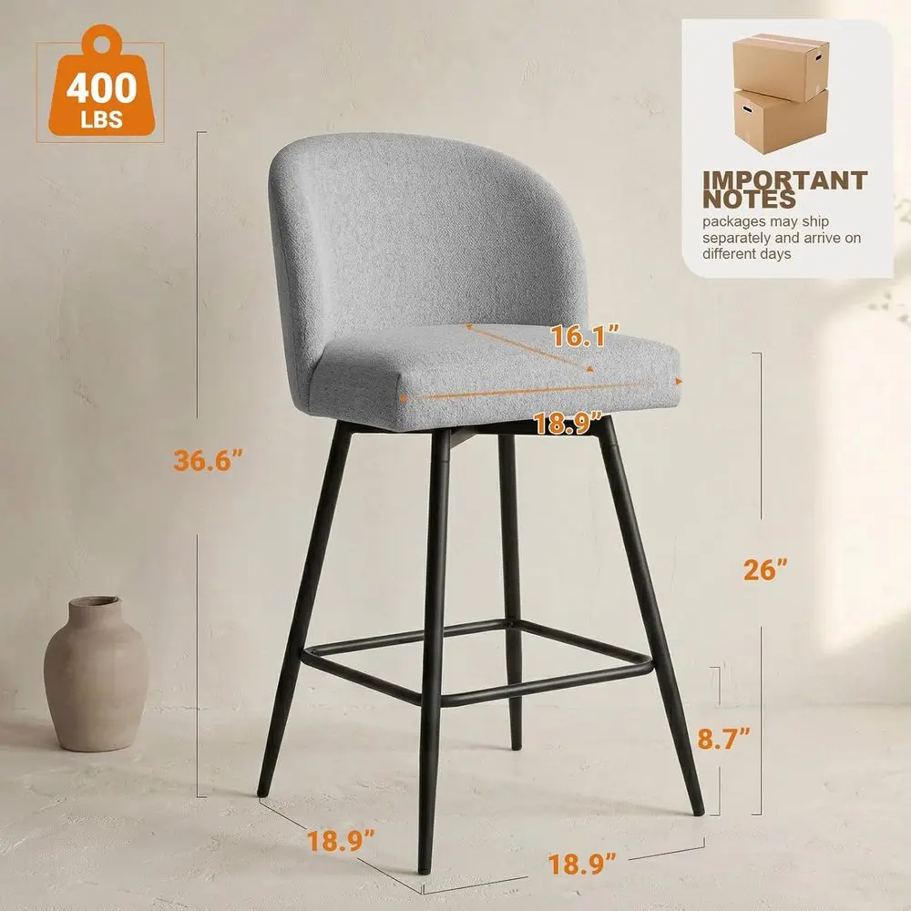 Counter Height Bar Stools Set o 2, 360° Swivel Upholstered Barstools with Backs and Metal Legs, 26