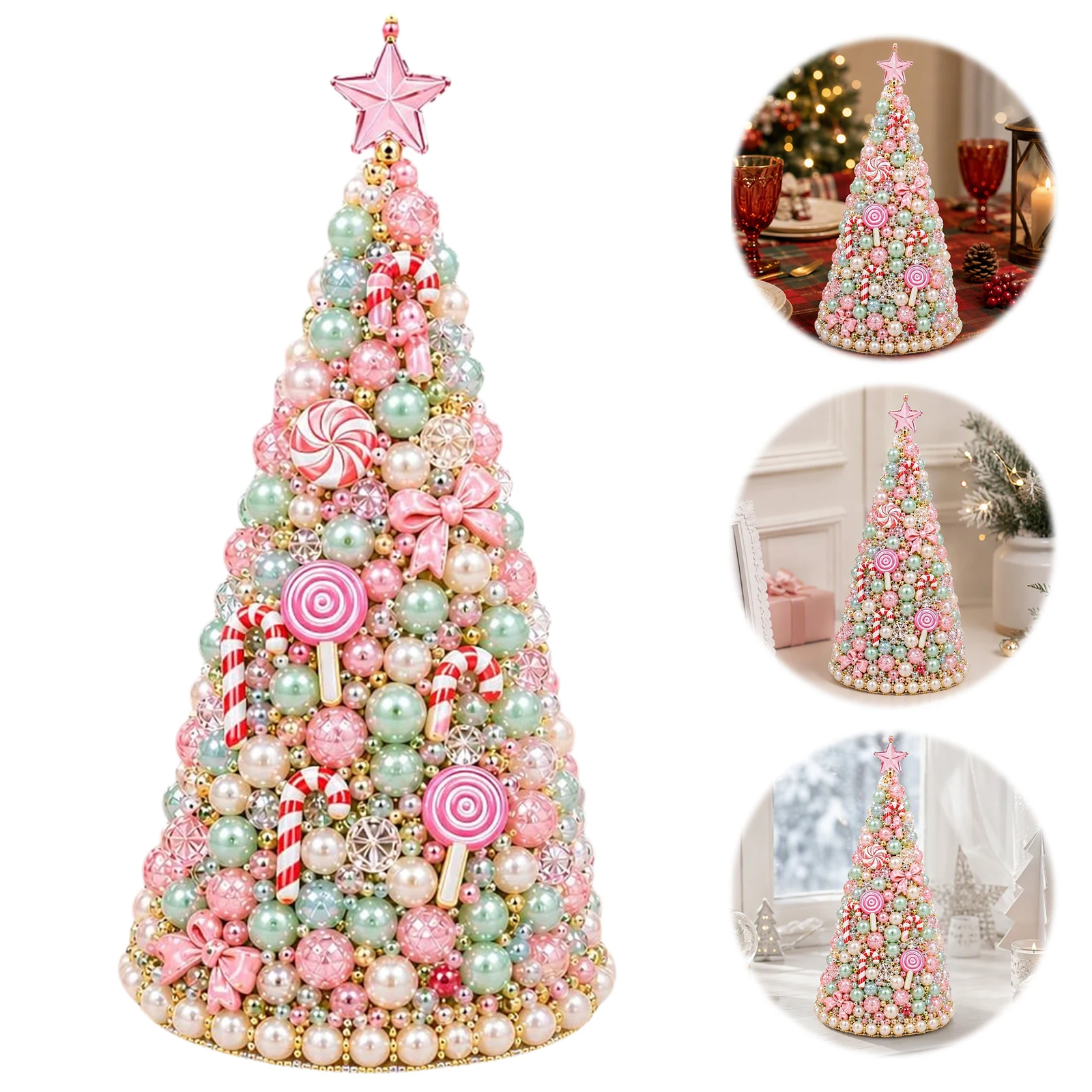 Beaded Christmas Tree DIY Craft Set 9 Holiday Themes Foam Cone Pearl Bead Ornament Tabletop Decor Kit