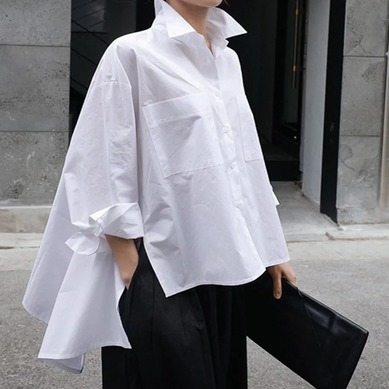 Spring Summer New Fashion Women's White Solid Color Long Lseeve Turn-down Collar Loose Casual Trendy Shirts Female Clothes Tops