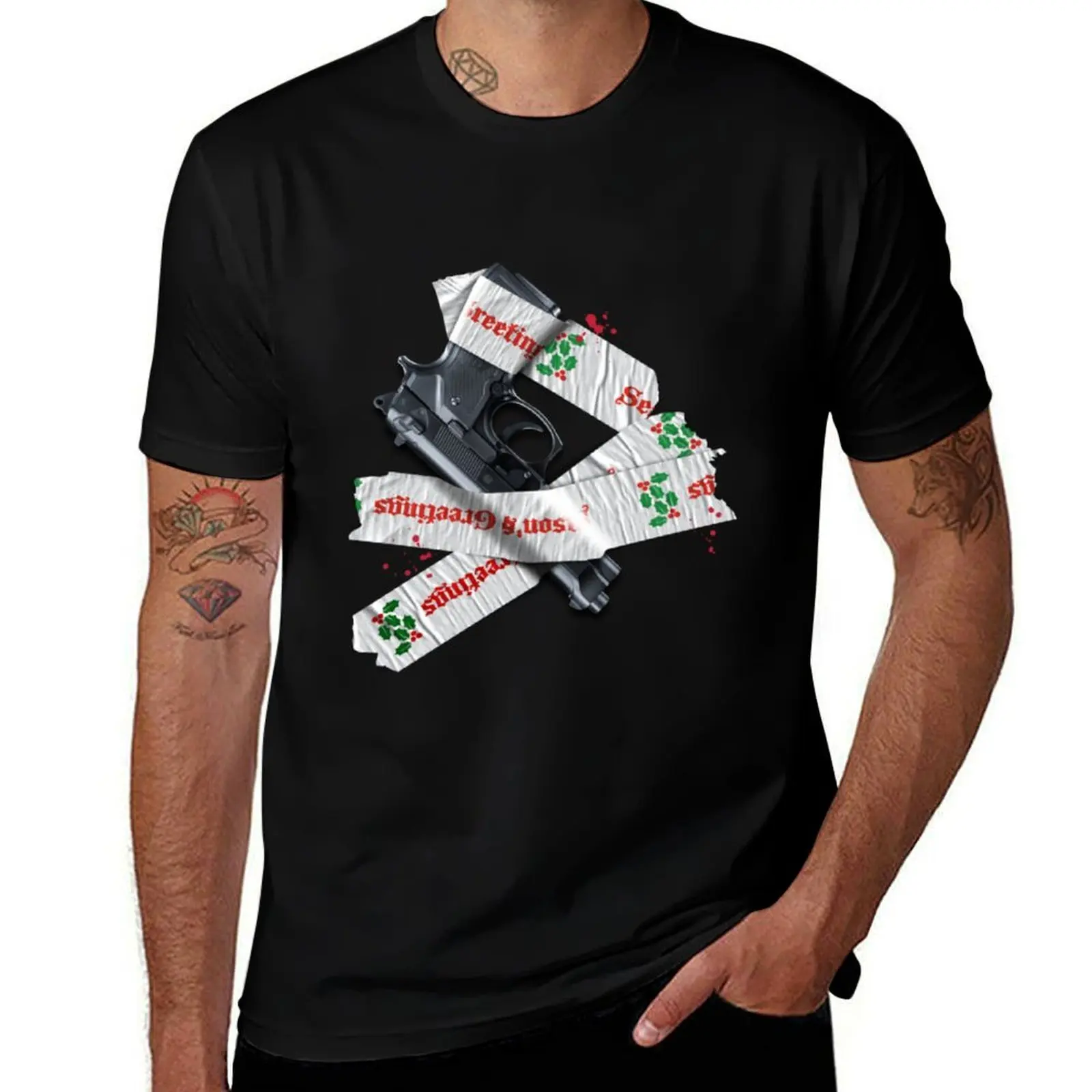 Die Hard – Gift Wrapped Gun T-Shirt Vintage Style Printed Top T-Shirt