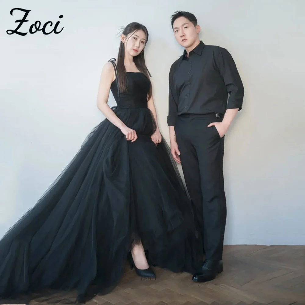 

Zoci Spaghetti Straps Black Korea Wedding Dresses Photo Shoot Draped Tulle Dress Customized Sweep Train Corset Formal Party Gown