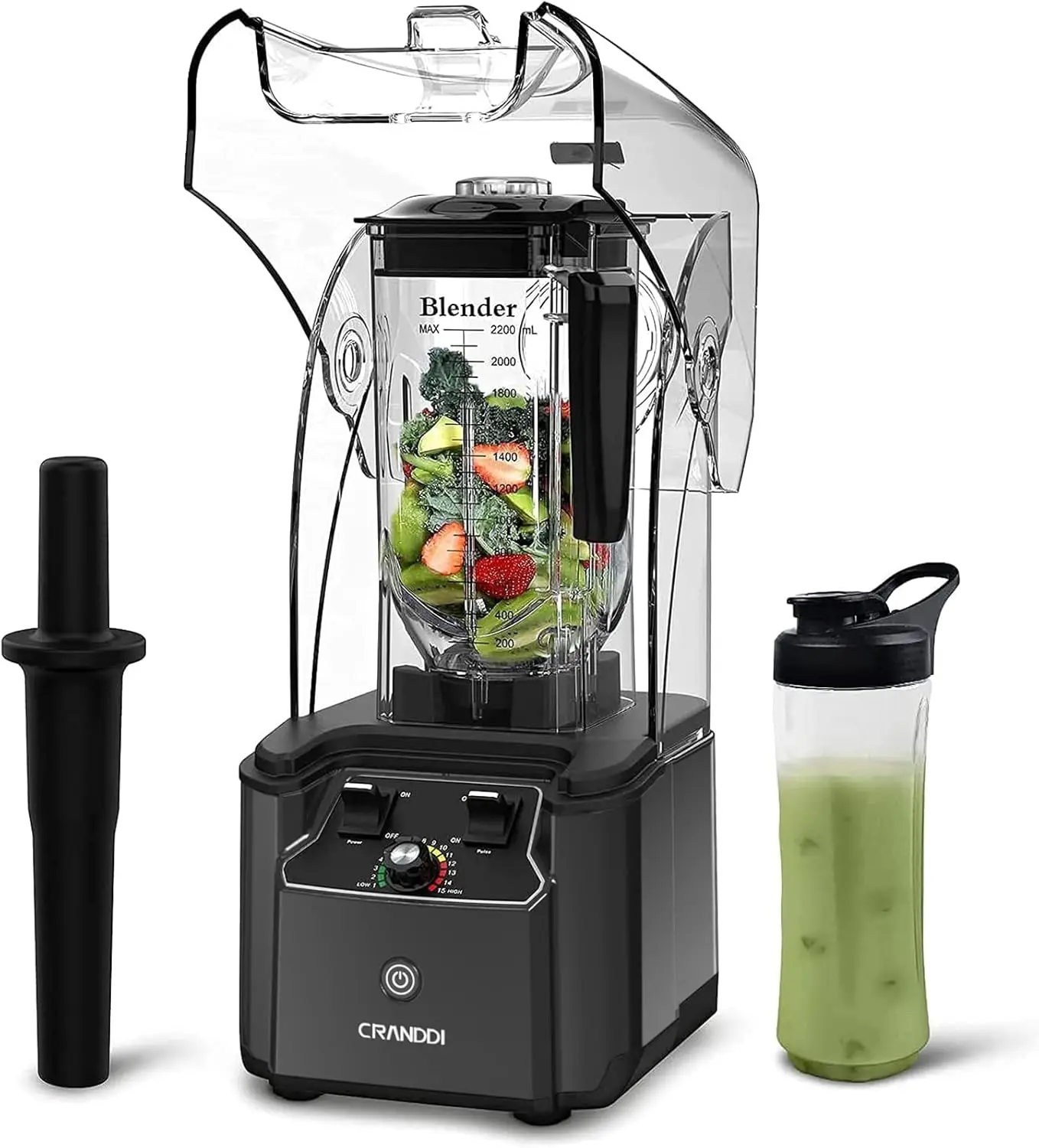 CRANDDI Quiet Commercial Blender with Soundproof Shield, 2200 Watt Professional Blenders for Kitchen with 80oz Jar and Self