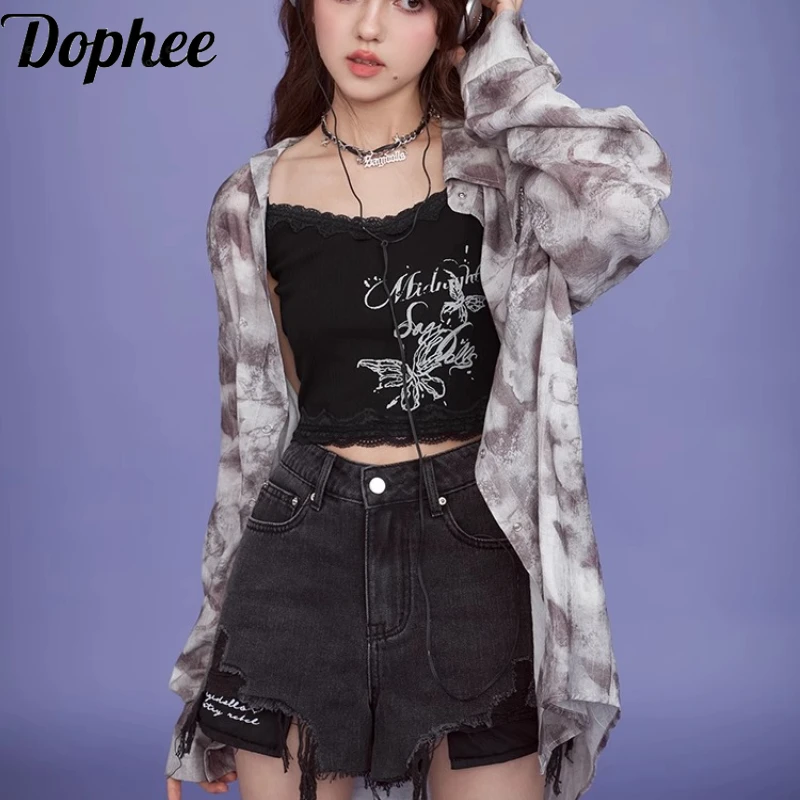 Dophee All-match Spring Summer Loose Cardigans Top Sweet Girl Butterfly Printing Long Sleeve Blouses Mid-long Sunscreen Shirt