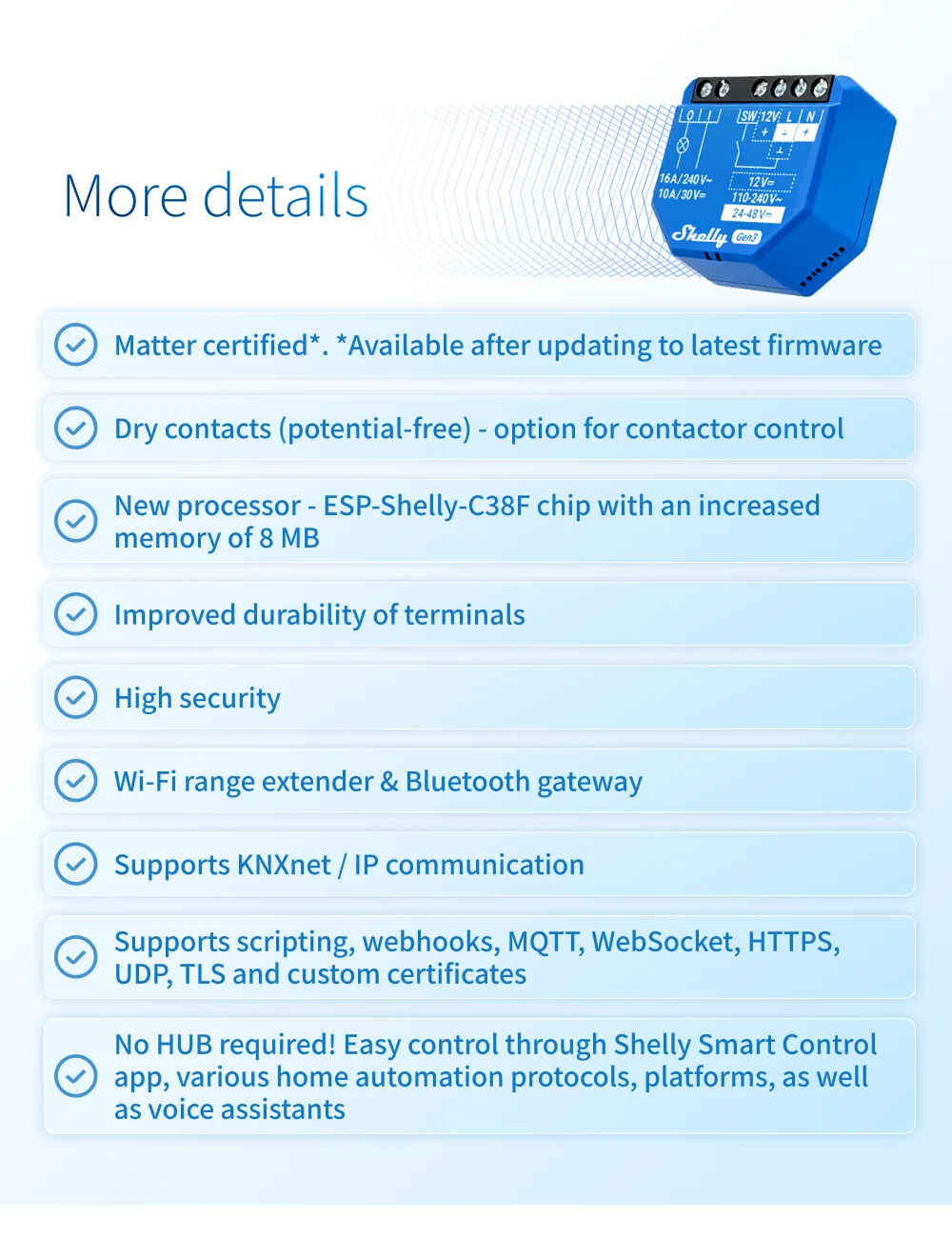Shelly 1 Gen3 Dry Contact Smart Switch WiFi Bluetooth Operated Relay Low Voltage Support Over Temperature Protection Control