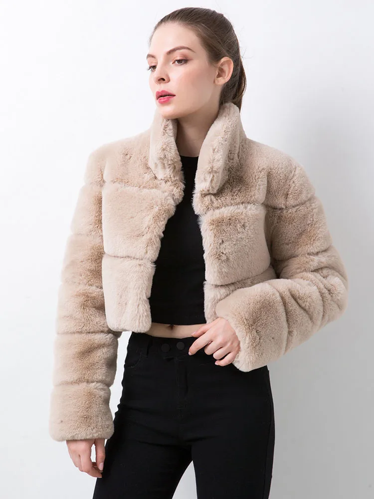 Zadorin casacos de pele de coelho falso cortados, gola alta de alta qualidade, roupas femininas de inverno, top de pele peluda, jaqueta de pele sintética rosa