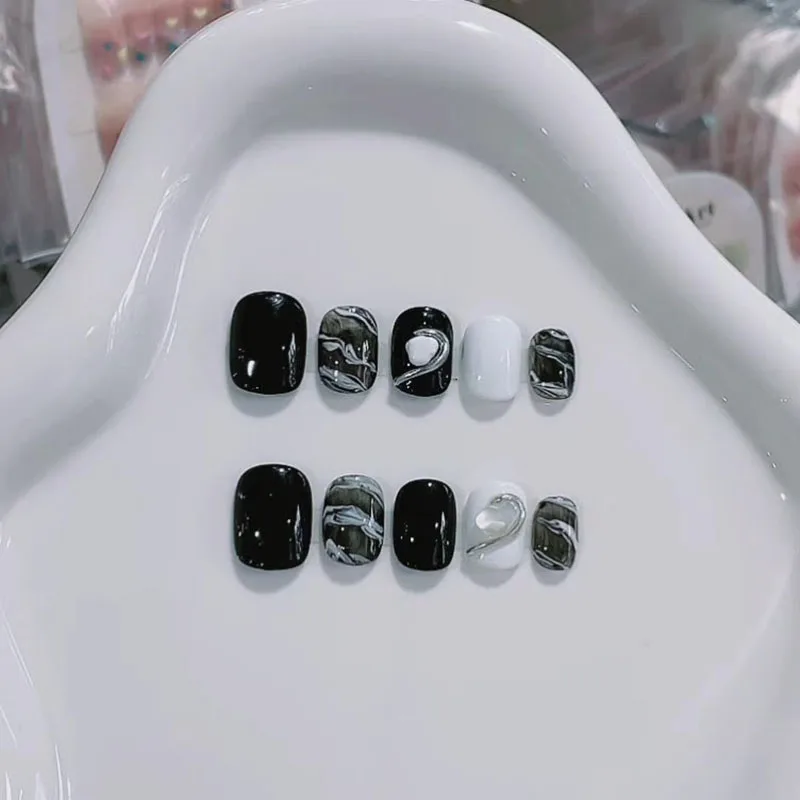 

10pcs Handmade Press on Nails Dark French Colorful Silver-Plated Full Cover Nail Tips for Women&Girl Removable Wearable Nail Art