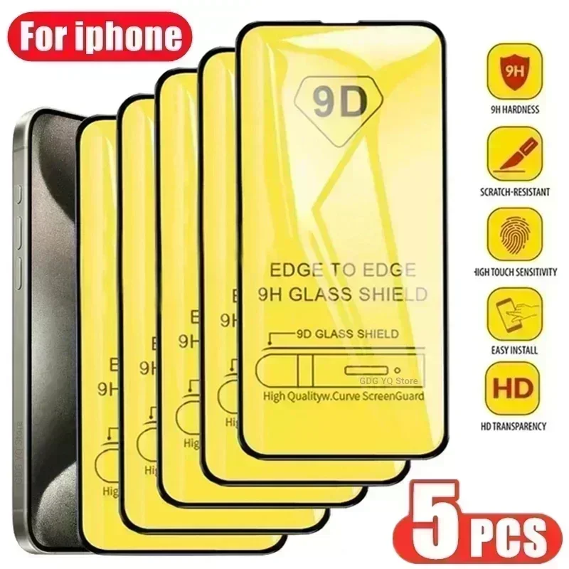 5Pcs 9D Protective Glass For iPhone 15 11 12 13 14 Pro Max 15Plus Screen Protector For iPhone 13 Mini XR X XS MAX Tempered Glass