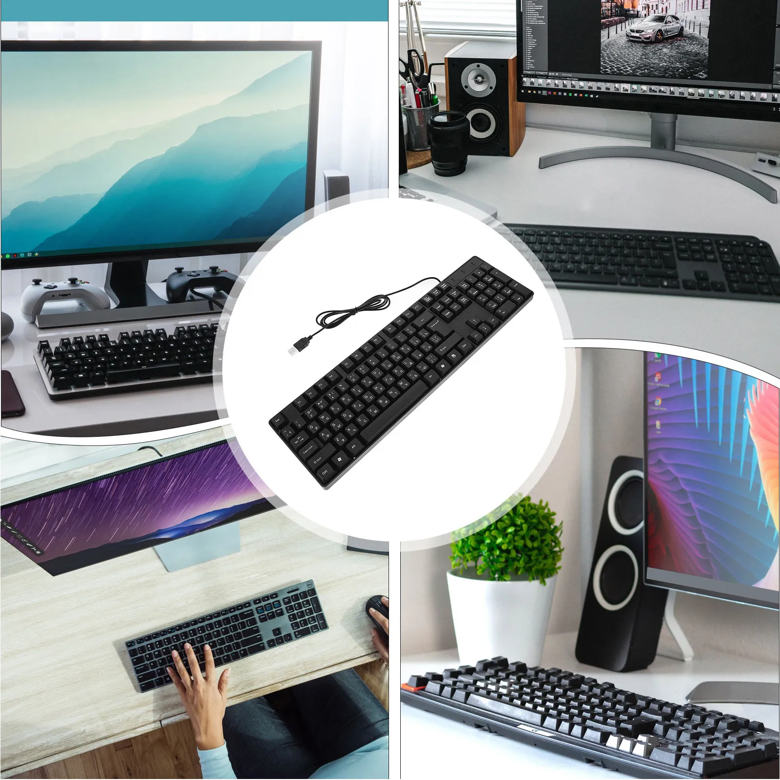 Wired USB Keyboard Russian Character Full Size Office Desktop Computer Keyboard High Durability Plug Play