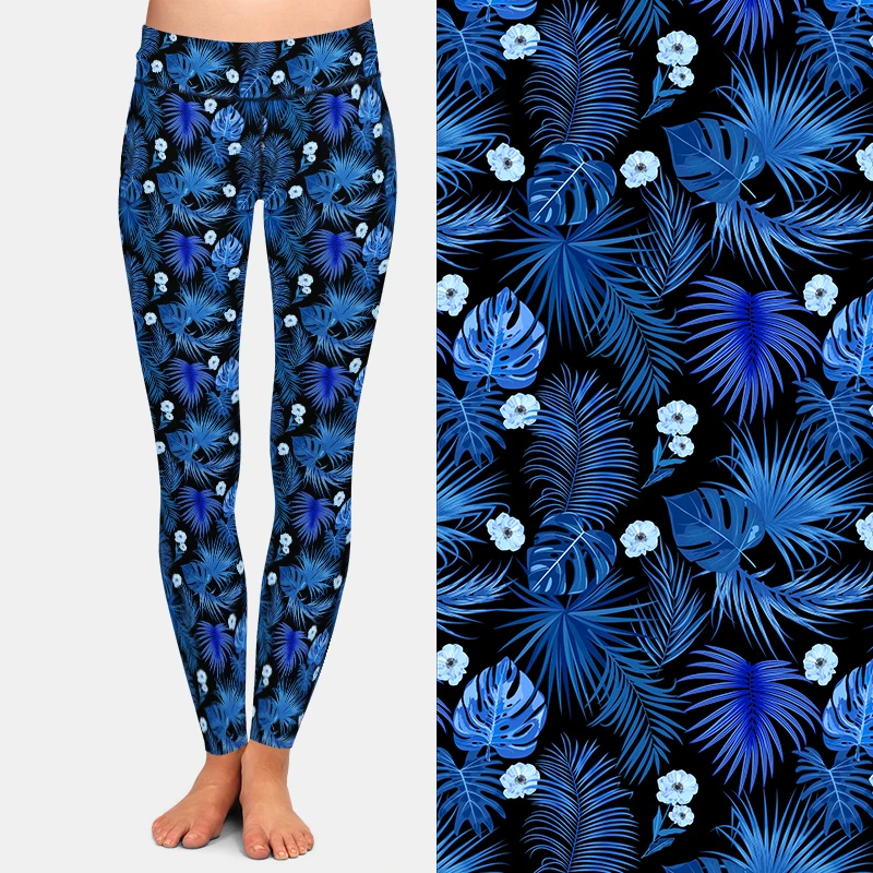 LETSFIND High Waist Sexy Women Pants High Quaility 3D  Blue Leaves of Palm Tree and Flowers Print Fitness Slim Stretch Leggings