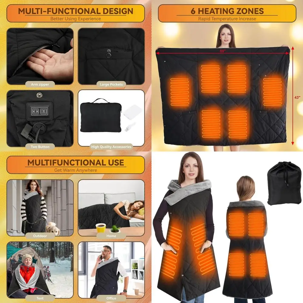 

Portable Cordless Electric Blanket with USB Power Bank, Fast Heating Outdoor Wearable Shawl