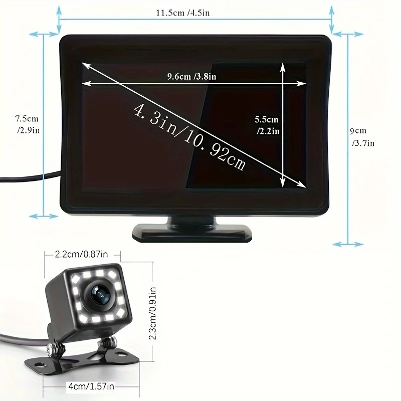 4.3-inch Display Universal Car Monitor HD Backup Camera -12pcs LED Lights High-Definition Reversing Rearview Camera Kit