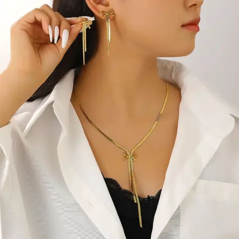 VIVILADY Trend Paslanmaz Çelik Yay Püskül Setleri Kolye Damızlık Küpe Kadınlar için Moda Takı Minimalist Aksesuarlar Toptan
