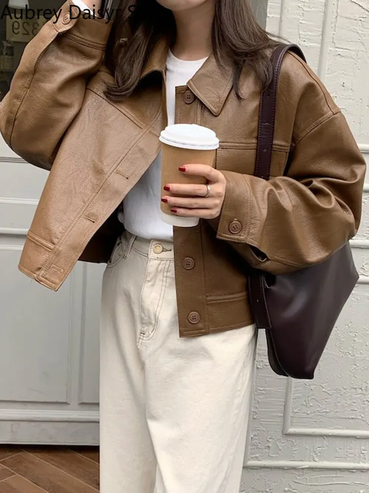 Outwear Brown Leather Jacket Women Korean Fashion Cropped Biker Leather Jacket Winter Streetwear Vintage Loose Faux Leather Coat