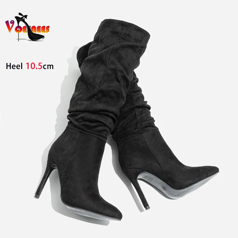 Long Boots Women Pointed Toe Party Shoes 2024 New Pleated Woman Knee-High Boots 10.5CM Pink Suede Slip On Thin Heels Botas Mujer