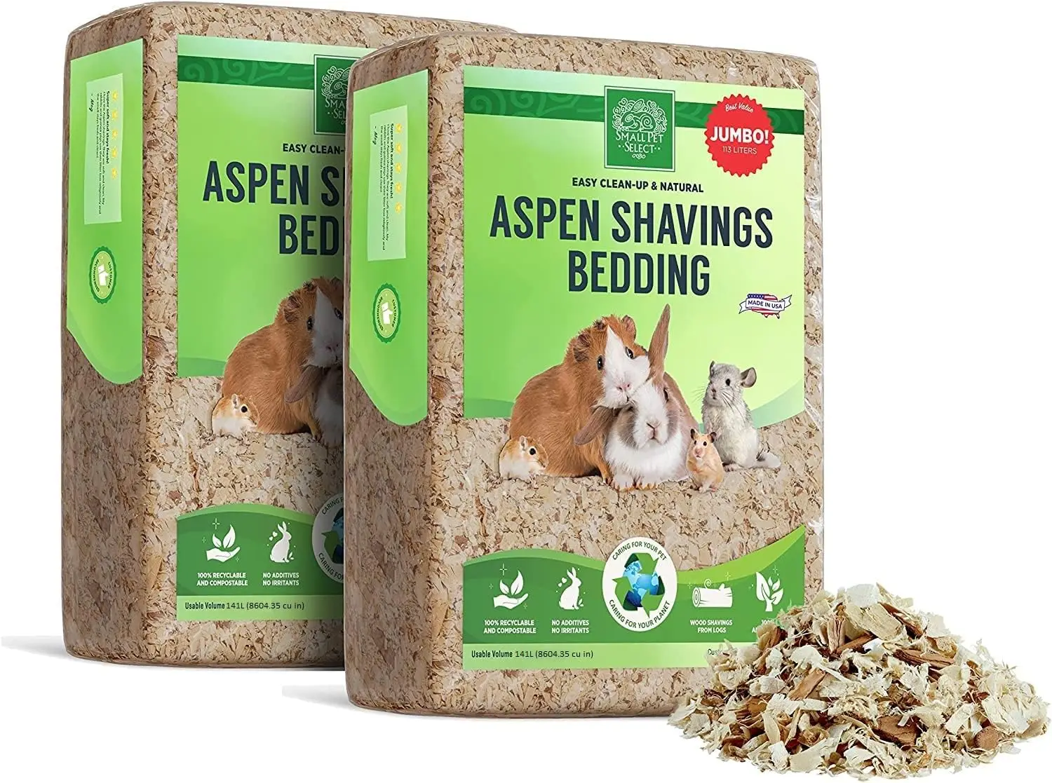 

Premium Natural Aspen Bedding for Small Pets, Jumbo Size 282L (2 Pack), Made in USA