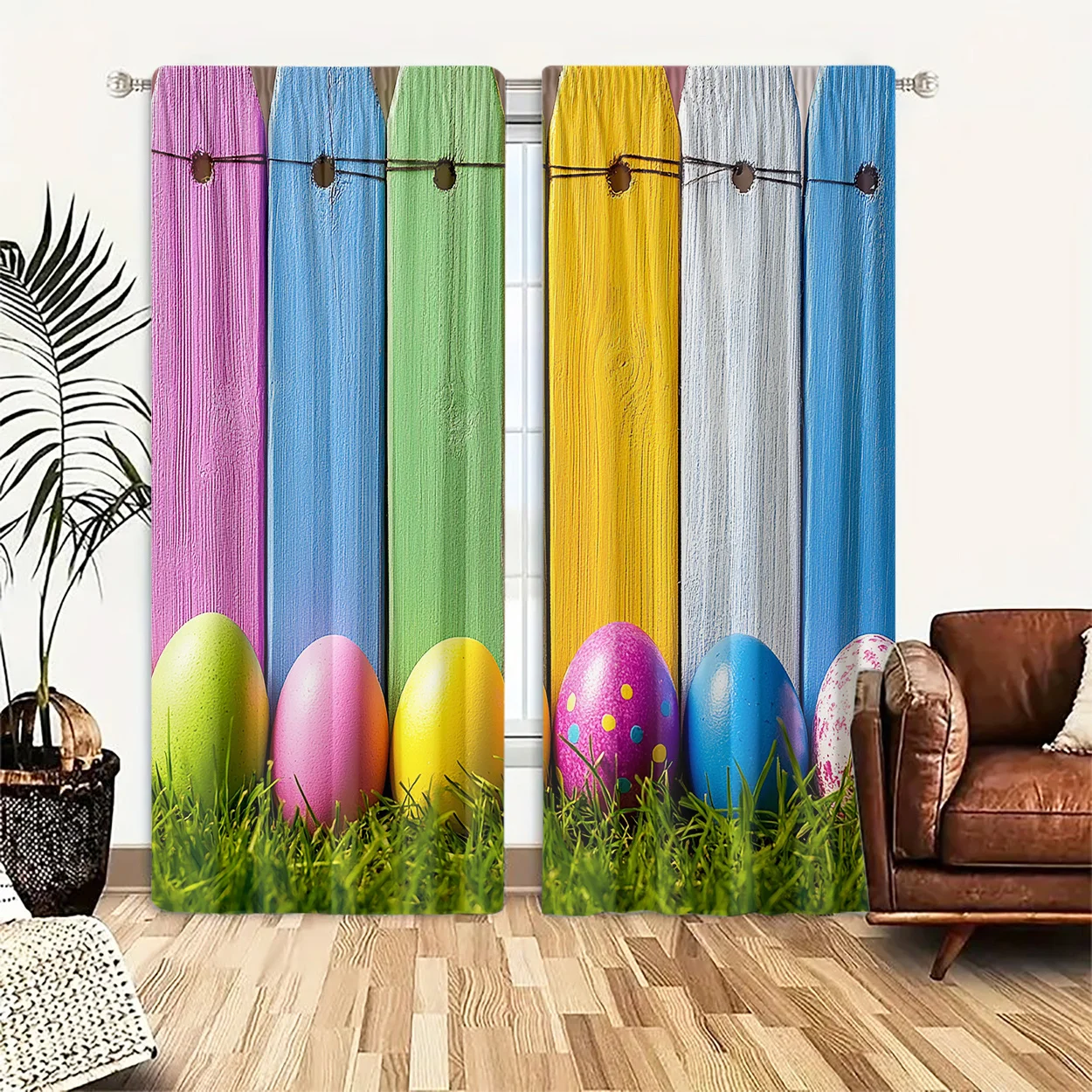 Spring Easter Egg Wooden Plank Window Curtains 2 Panels, Multicolor Paint Egg Lush Grass Vertical Color Board Home Decor Curtain