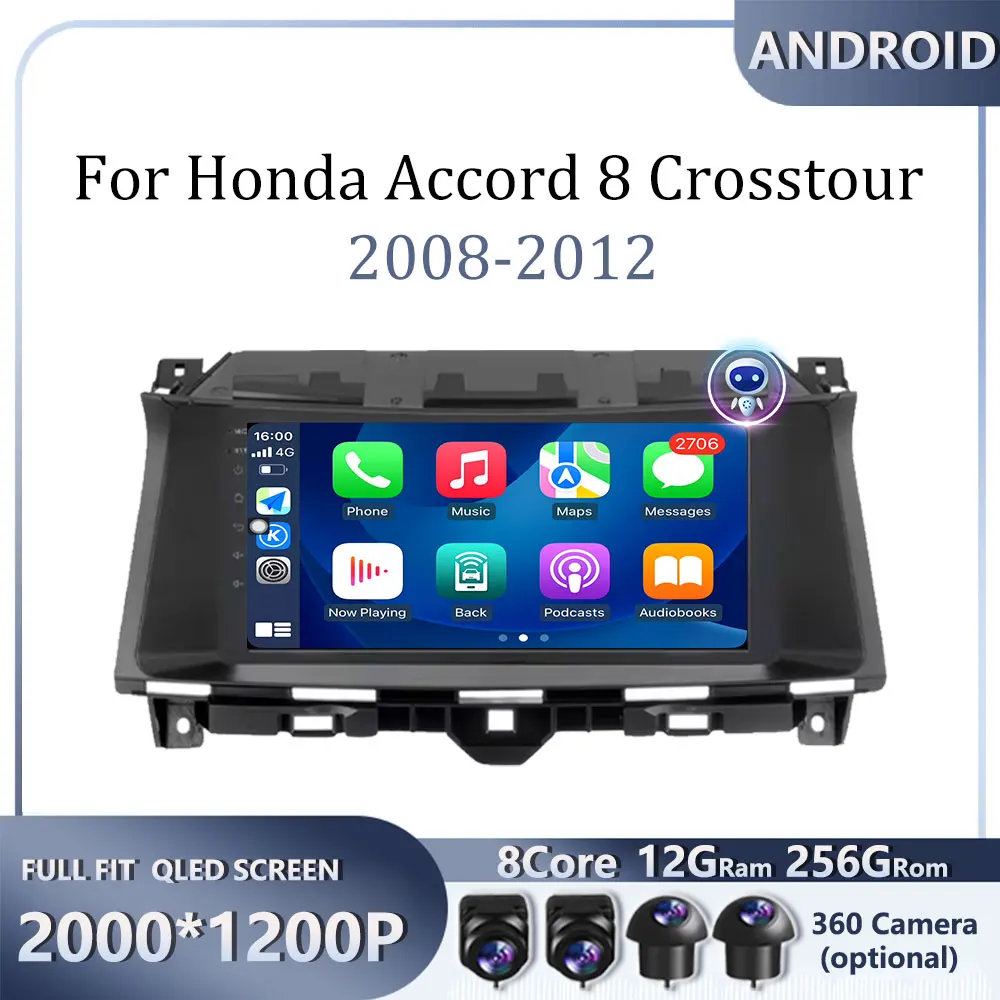 For Honda Accord 8 Crosstour 2008-2012 Car Wireless Carplay Car Radio Video Multimedia Player DSP Stereo QLED IPS Screen 2 din