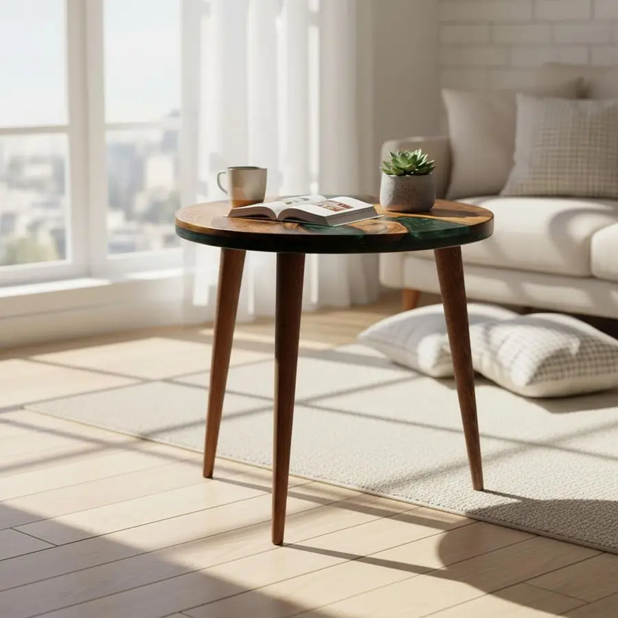 الراتنج الجوز طاولة جانبية مستديرة الايبوكسي نهاية الجدول طاولة القهوة منتصف القرن الحديثة الراتنج الجوز أثاث غرفة المعيشة اللون الأخضر