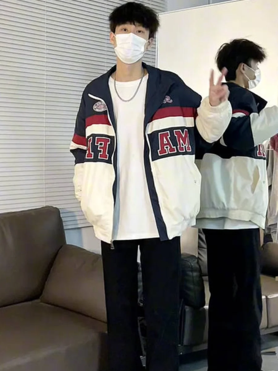 

ex Loose Fit Stripe Jaet Stand Collar Workwear Outerwear Spring Autumn American High Street Sle Men's Women's Faion