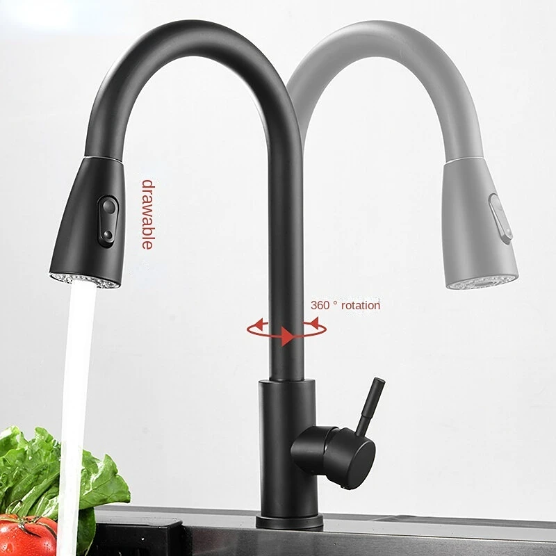 Brushed Kitchen Faucet Single Hole Pull Out Spout Kitchen Sink Mixer Tap Stream Sprayer Head Black 360 Rotation Shower Faucet