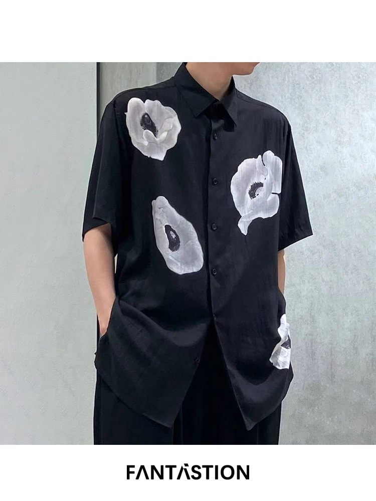 

FANTASTION Original Design Dark flower print short sleeved shirt Loose and oversized casual half sleeved shirts minimalist style