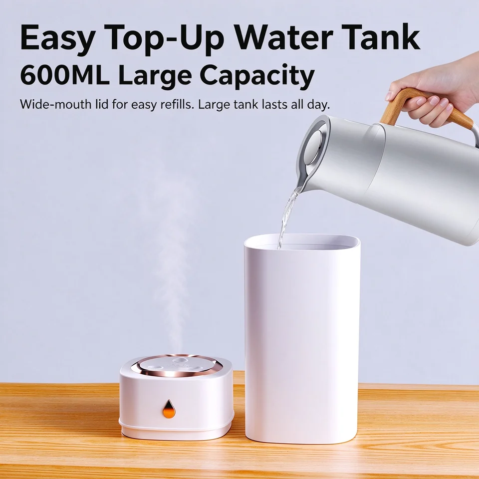 600ml USB Air Humidifier Portable Mini Aroma Diffuser Colorful LED Night Light Ultra Quiet Triple Nozzle Mist Maker for Car Home