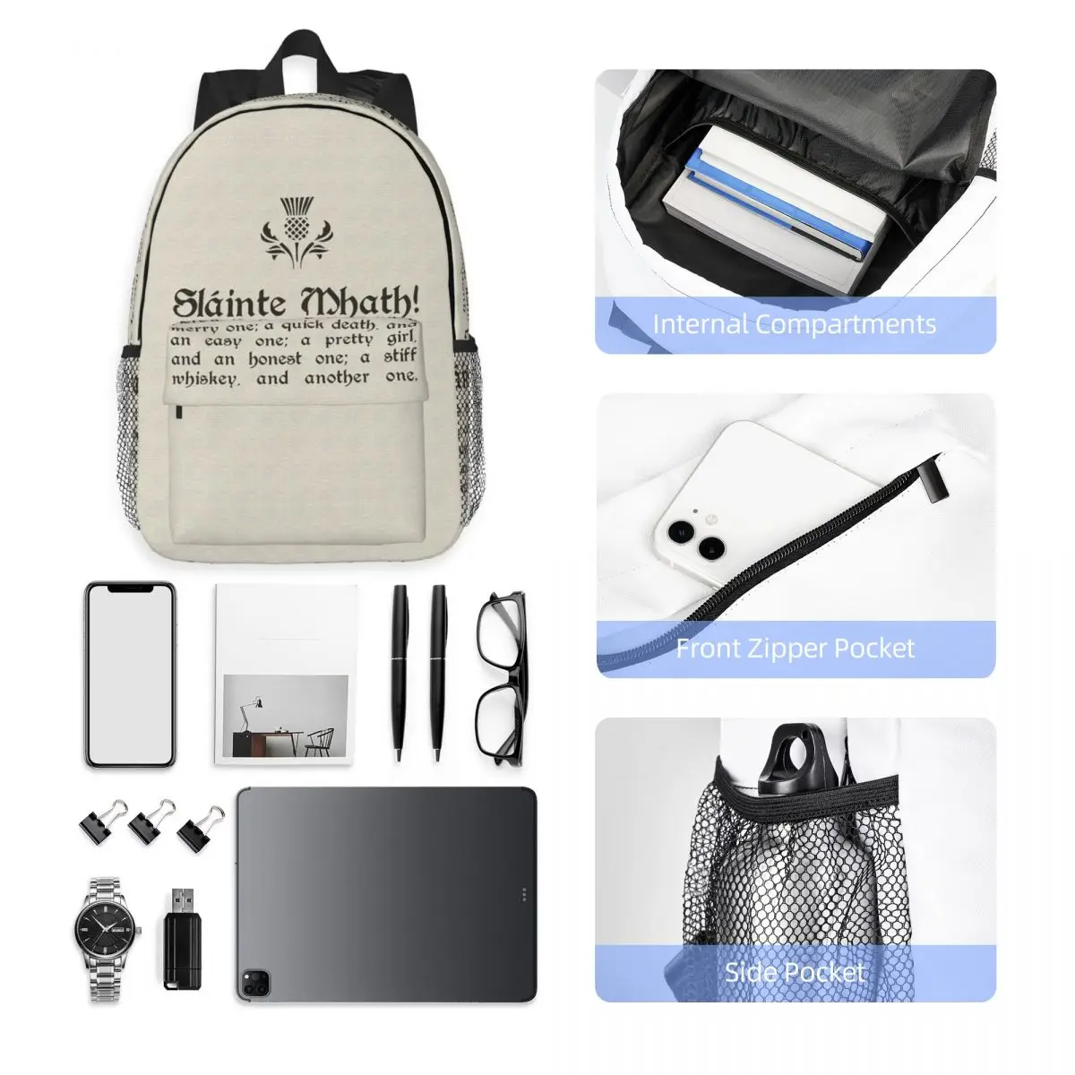 Slainte Mhath - Scottish Toast - With Thistl Backpack Hot Sale Daypack Large Capacity Boy Girl BookBag Shoulder Bags School Bag