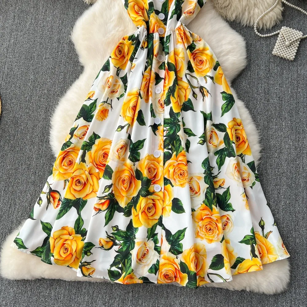 Sexy Backless Print Pleated Slip Dress A-line Chic sweet Casual basics Beach Vacation Women Summer Vintage bohemian Dresses