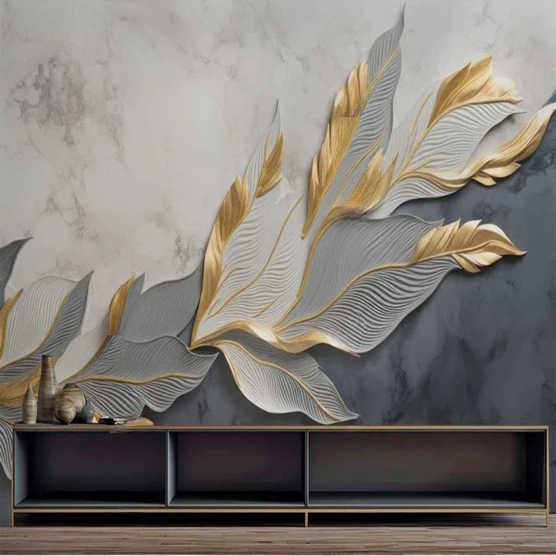 Custom Large Size Modern Cement Gray Background Wall 3D Golden Leaf Feather Flower Painting Mural Canvas for Living Room Decor