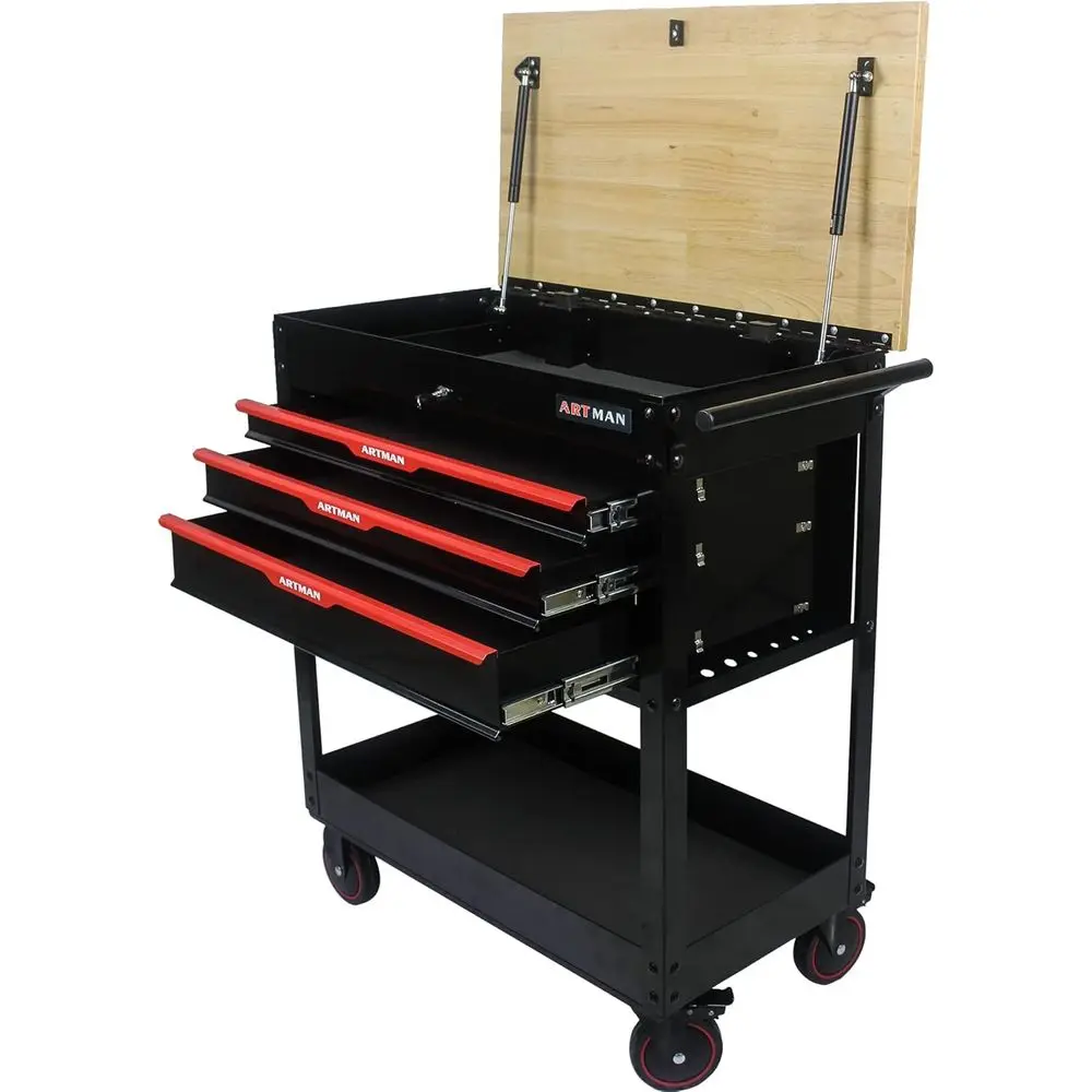 

Rolling Tool Cart with Wooden Top, Storage Box for Garage, Workshop, Repair Shop - 38.5H, Black & Red