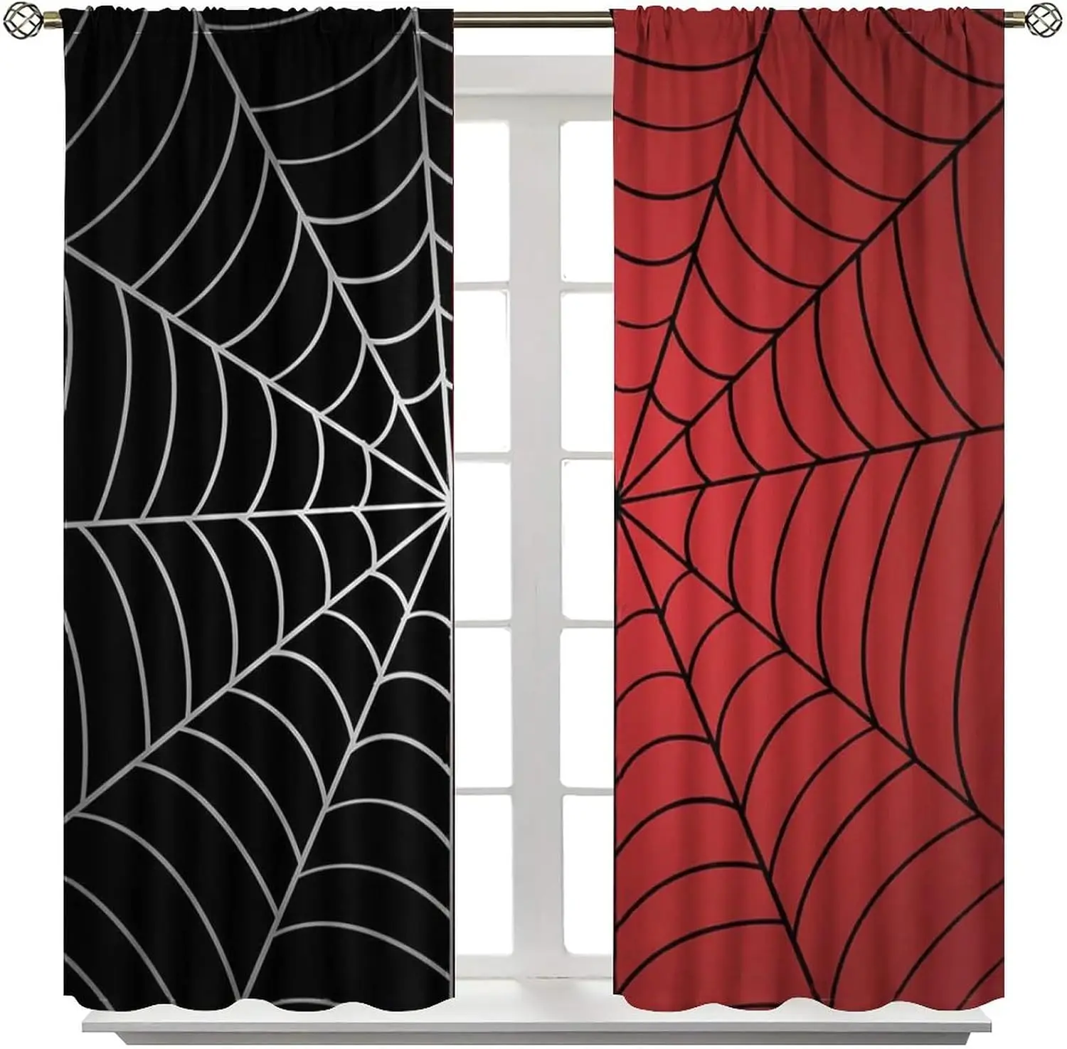 Contrast Cobweb Window Curtains 2 Panels Red Black Two Tone Simple Line Spider Net Light Blocking Curtains Party Room Decor