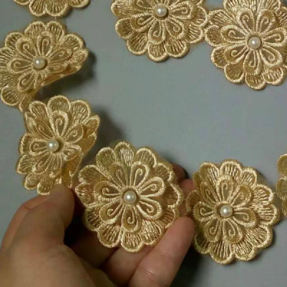 1 metro oro 5 cm fiore di perla fai da te solubile matrimonio pizzo trim lavoro a maglia ricamato fatto a mano patchwork nastro forniture per cucire