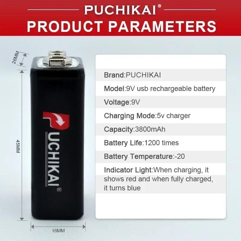 9V 3800mAh polymer lithium-ion rechargeable USB Type-C battery, suitable for multimeter, microphone, toy remote control, KTV+USB